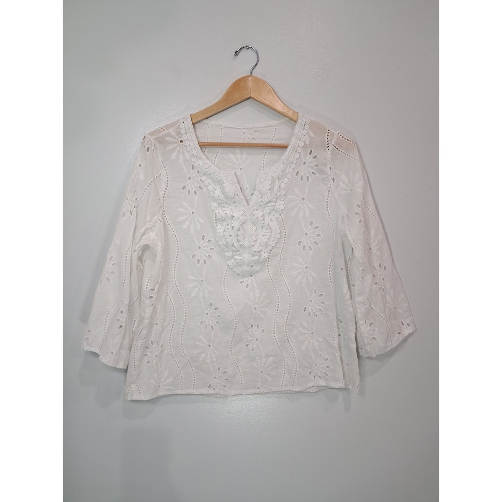 White Eyelet Lace Split V-Neck 3/4 Sleeve Floral Blouse Top XL Cotton Blend